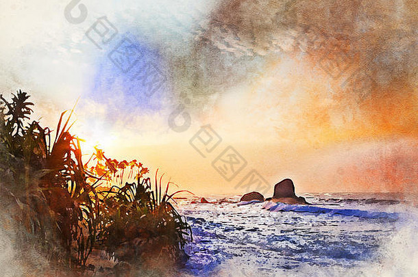 水彩图片热带日落风景优美的海滩