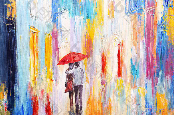 夫妇走雨伞摘要色彩斑斓的石油绘画