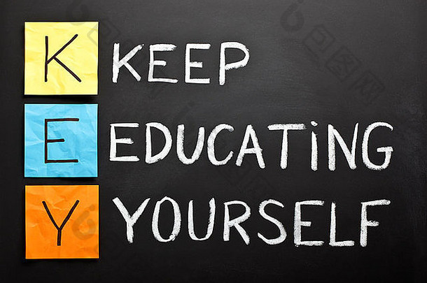 关键首字母缩写教育教育概念颜色黏糊糊的笔记白色粉笔笔迹黑板上