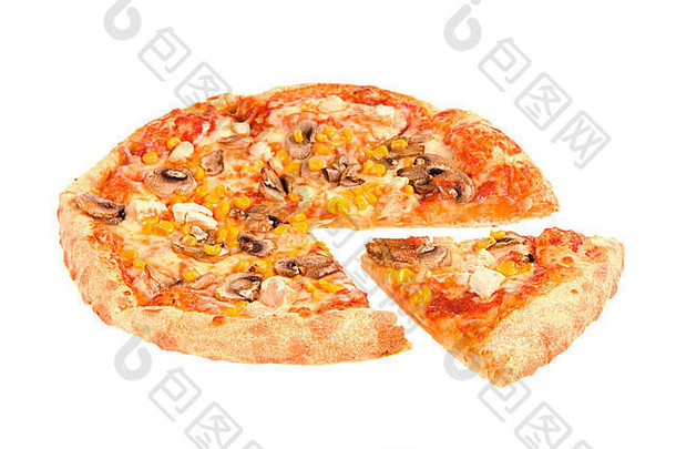 披萨片减少纯白色背景