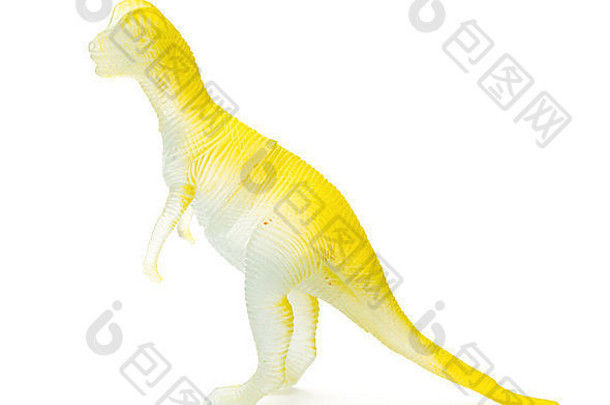 一边视图黄色的塑料恐龙玩具白色背景