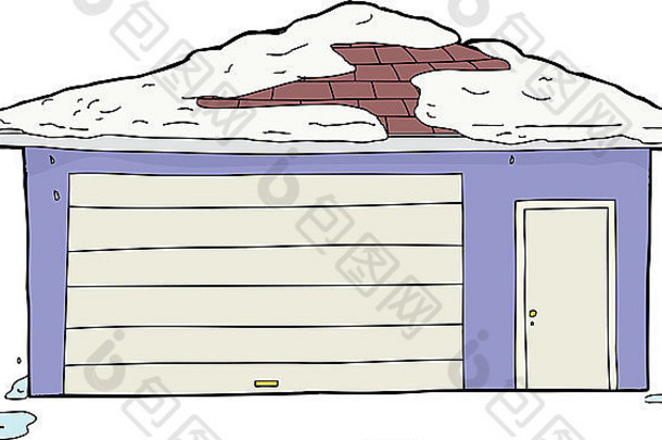 孤立的车库门口融化雪屋顶