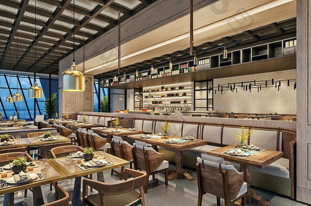 现代室内设计餐厅休息室东方阿拉伯语风格线网天花板隐藏的灯木青铜黄金颜色renderin