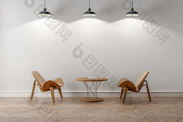 空房间灯天花板椅子表格木条镶花之地板地板上模拟等待房间
