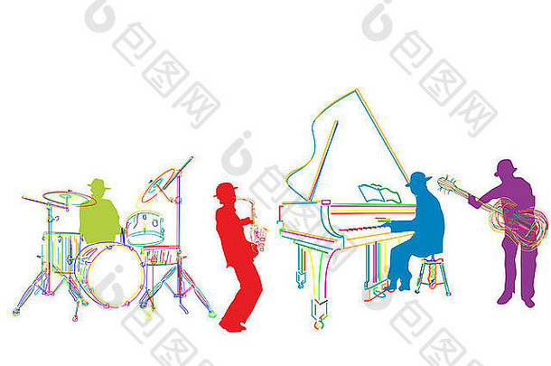 爵士乐乐队草图孤立的分组白色背景
