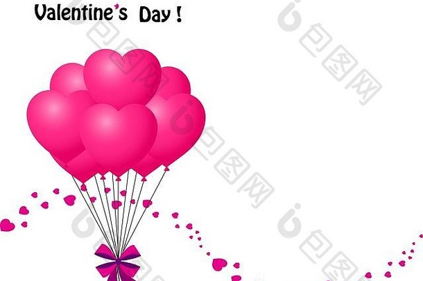快乐情人节一天问候卡群粉红色的心形状的气球包装节日弓五彩纸屑波使心间距