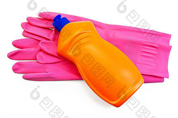 瓶橙色粉红色的橡胶手套