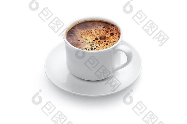 单<strong>白</strong>色简单的咖啡杯飞碟填满热新鲜的咖啡泡沫孤立的<strong>白</strong>色背景