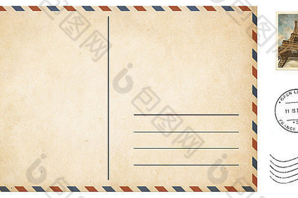 空白明信片孤立的白色帖子邮票集