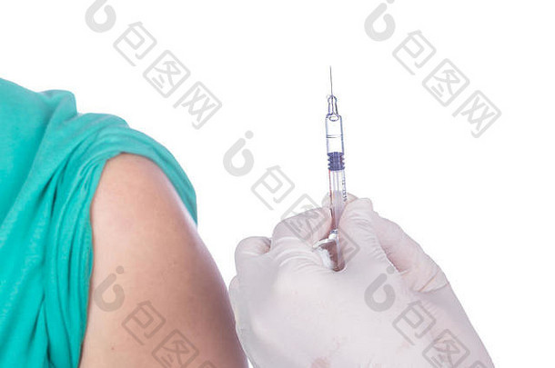 护士注射器给疫苗病人白色背景