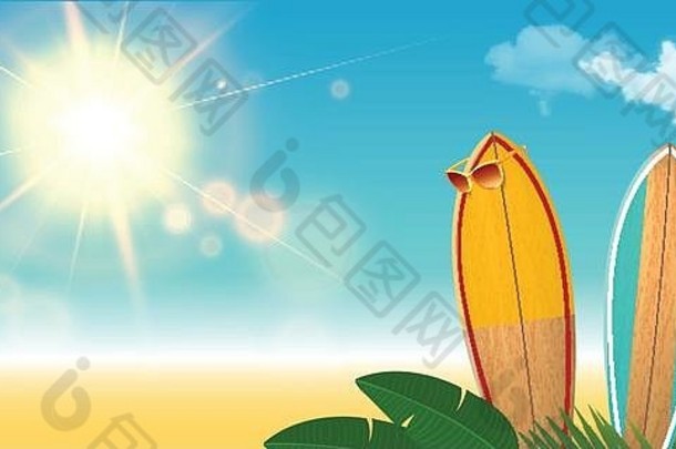 冲浪板太阳镜海滩现实的背景云太阳耀斑棕榈叶子