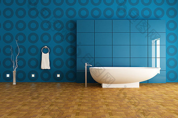 浴室时尚浴缸前面蓝色的面板呈现