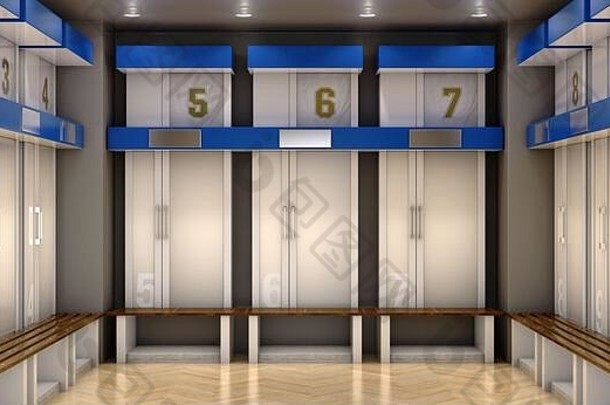 体育储物柜房间使隔间橱柜编号衬衫木板凳上地板渲染