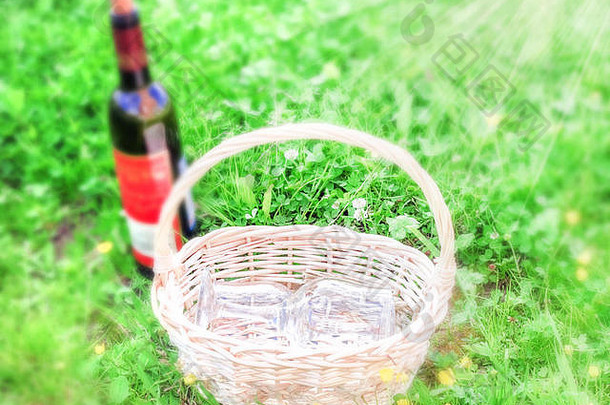 野餐绿色夏天草眼镜篮子酒