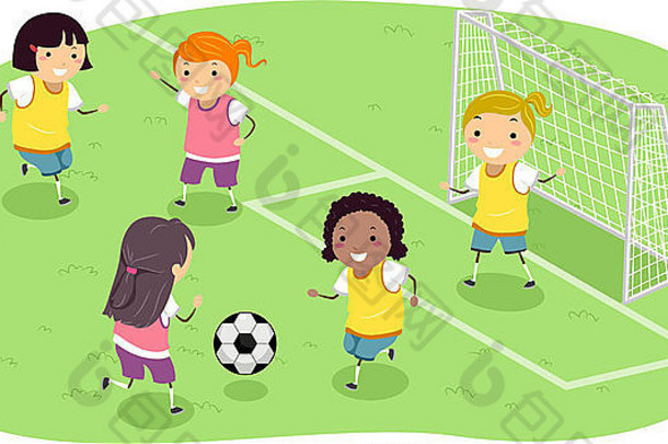 曲棍球手插图特色集团女孩玩足球