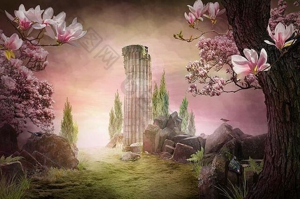美丽的梦幻粉红色的木兰春天景观背景壁纸
