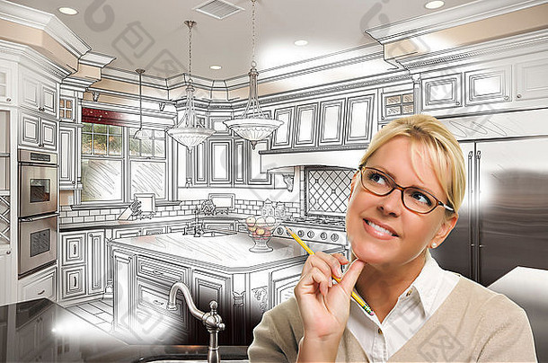 有创意的女人铅笔自定义厨房设计画照片结合白色