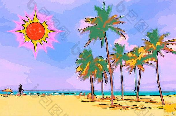 好假期海滩热加勒比岛屿绿色手掌黄色的沙子蓝色的天空红色的黄色的太阳