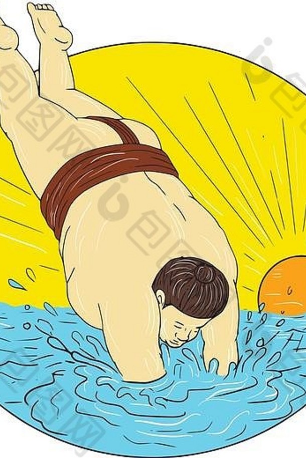 画草图风格插图日本相扑摔跤手潜水水海集内部圆日落背景
