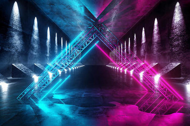 sci未来主义的现代混凝土难看的东西霓虹灯复古的发光的紫色的粉红色的蓝色的三角形建设形状的灯激光全息图隧道大厅车库