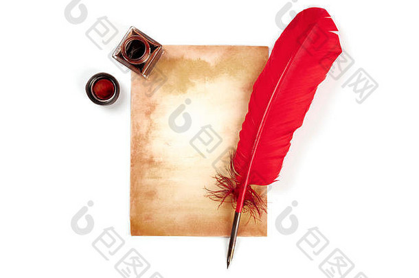 古董背景充满活力的红色的羽毛一块纸墨水白色的地方文本前拍摄