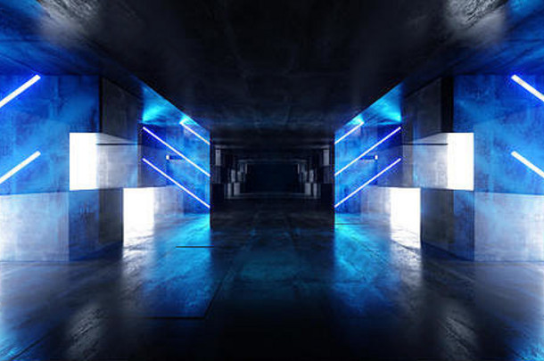 霓虹灯灯图形发光的蓝色的充满活力的虚拟sci未来主义的隧道工作室阶段建设车库讲台上宇宙飞船晚上黑暗混凝土难看的东西