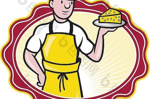 插图干酪制造者站持有板片奶酪面对前面孤立的背景椭圆形形状
