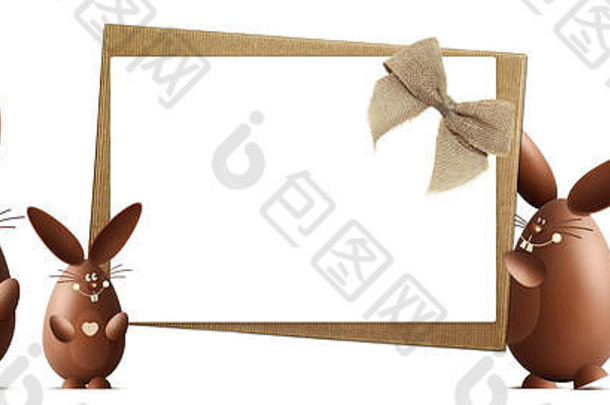 快乐复活节礼物卡巧克力小兔子丝带弓孤立的白色背景