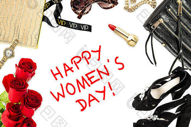 时尚模拟业务夫人配件红色的<strong>玫瑰</strong>购物概念快乐女人的的一天!