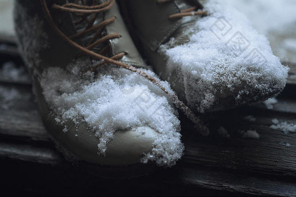 前视图关闭一对古董棕色（的）皮革鞋子房子木开放通过入口覆盖雪冬天时间