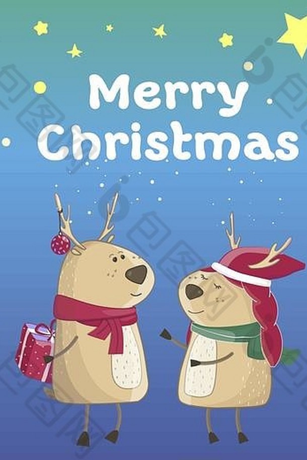 圣诞节可爱的鹿孤立的蓝色的gradieny背景手画圣诞节插图问候卡动物冬天设计装饰