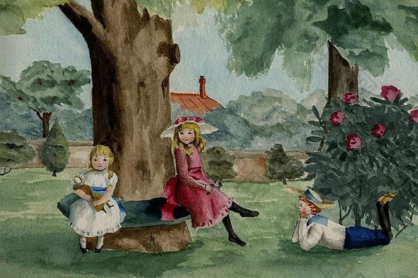 孩子们英语花园扫描水彩画画维多利亚时代孩子
