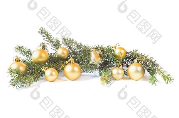 金装饰物钟松分支机构孤立的白色背景圣诞节装饰概念