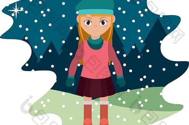 女孩冬天衣服下雪天气