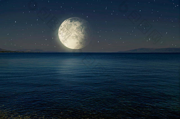晚上景观<strong>希腊</strong>海滩大月亮同时反映了海埃维厄岛岛<strong>希腊</strong>