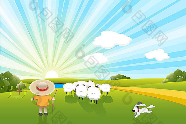 插图sheeps牧羊人狗背景太阳能天空