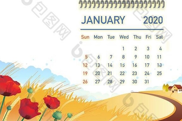 1月日历概念横幅花背景桌子上日历布局自然插图图形设计元素日记封面打印