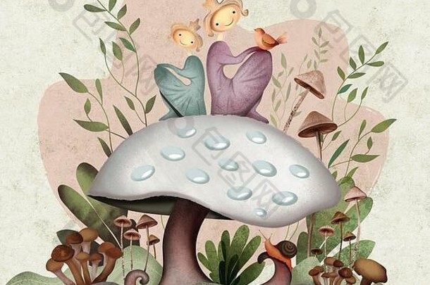 可爱的朋友大蓝色的蘑菇包围绿色自然蜗牛
