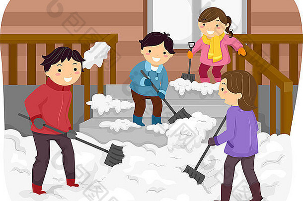 插图特色家庭铲雪