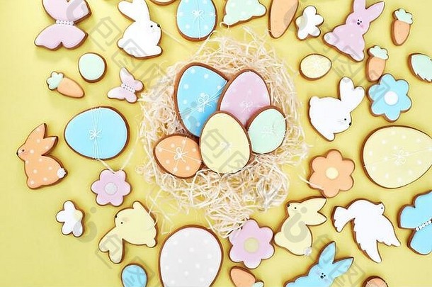 复活节卡姜饼饼干复活节春天装饰作文自制的复活节饼干形式有趣的兔子鸡蛋黄色的