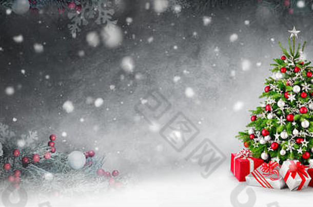 华丽的优雅的圣诞节树礼物红色的银全景雪背景框架装饰冷杉分支机构