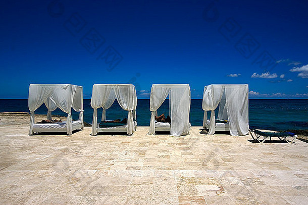 共和国多明尼加床上窗帘帐篷枕头和平大理石放松加勒比海滩