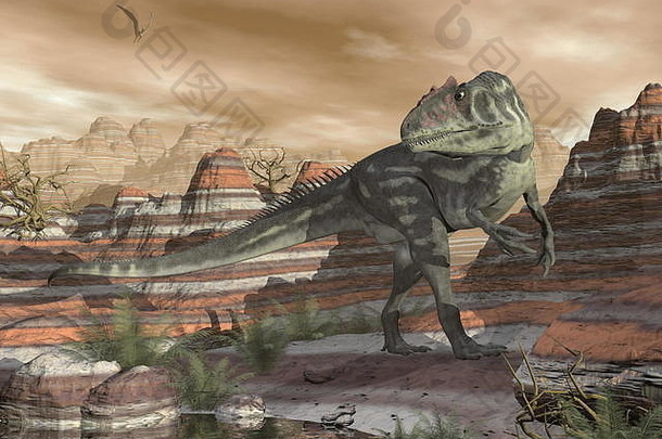 异特龙恐龙走沙漠峡谷日落渲染