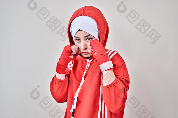 女人拳击手警卫相机拳击手套