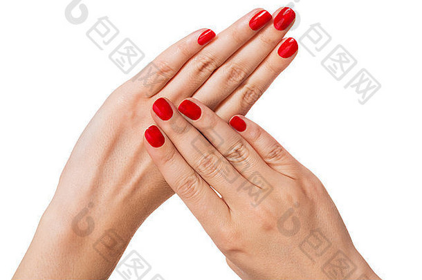 女人美丽的修剪整齐的红色的指甲优雅的穿越手显示查看器白色背景时尚魅力美概念