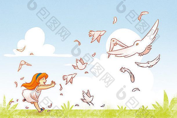 女孩追逐鸟飞行场