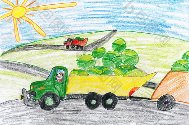 收获卡车蔬菜场狗司机农业概念孩子画对象纸手画艺术