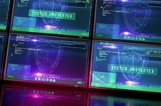 网络安全消息盾象征未来主义的电脑屏幕故障效果系统安全隐私保护数字身份