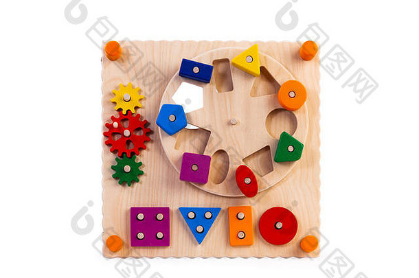 木环保忙董事会教育玩具孩子们婴儿白色孤立的背景组成多色的木谜题块
