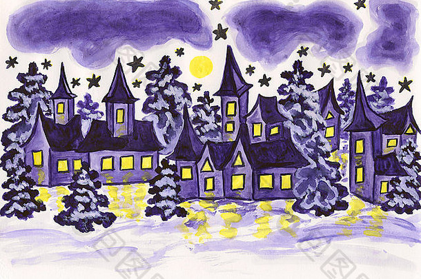 手画图片水彩画冬天景观房子梳理紫罗兰色的颜色假期明信片圣诞节